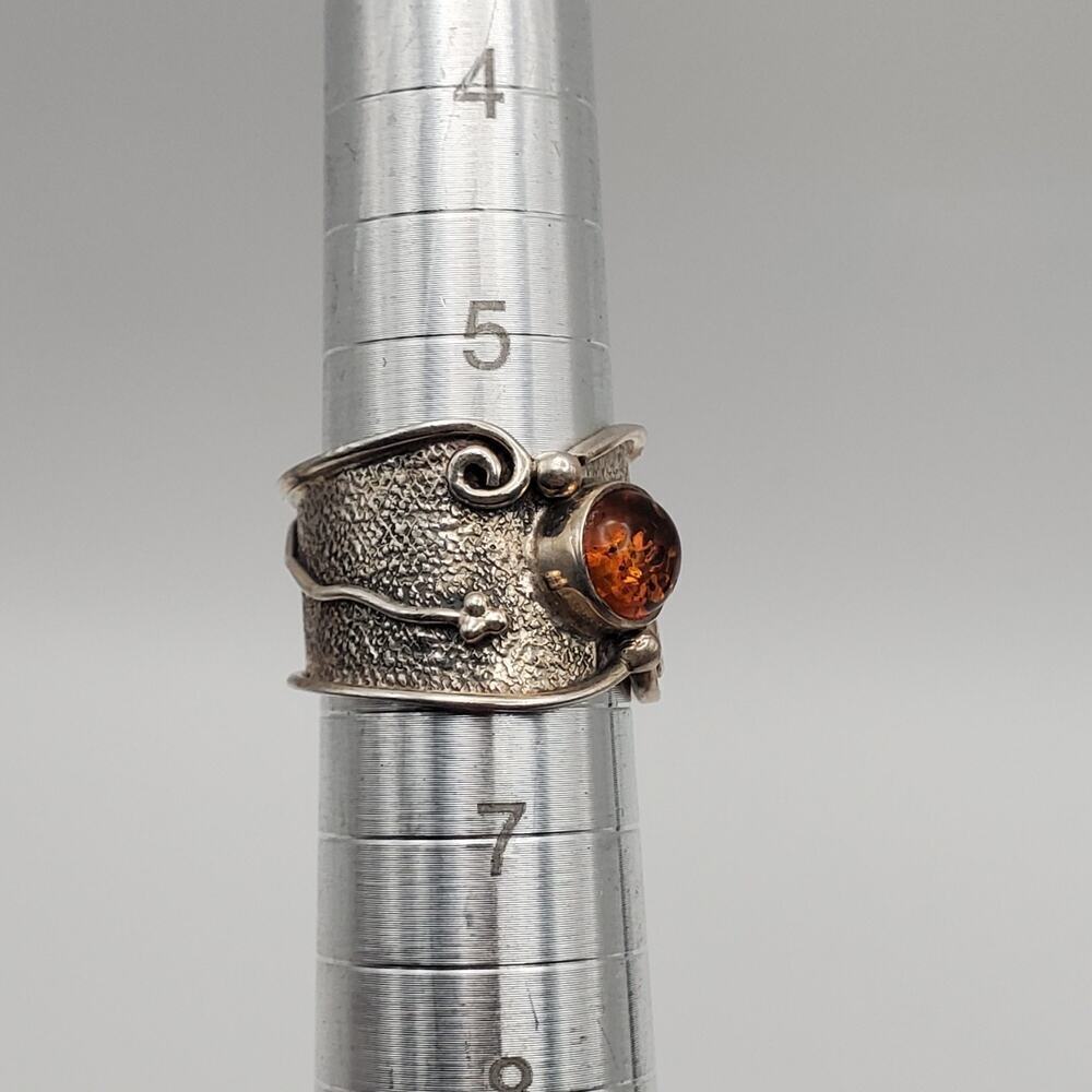 Sterling Silver 925 Artisan Boho Baltic Amber Wide Band Ring Size 6 - Picture 9 of 11